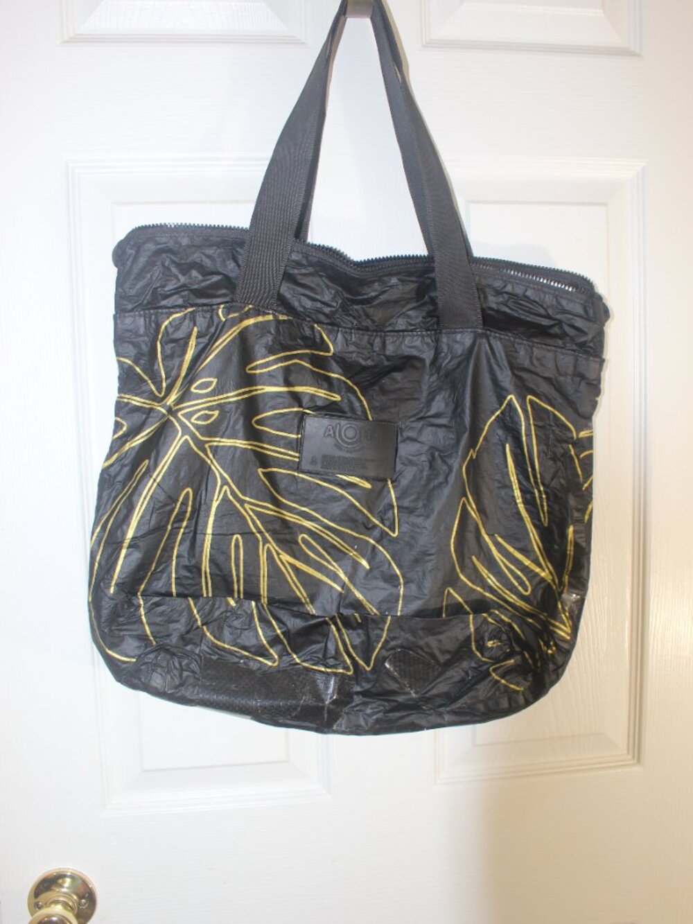 ALOHA Collection Black Label Zip Tote Black Gold Monstera Leaf Tyvek Beach Bag